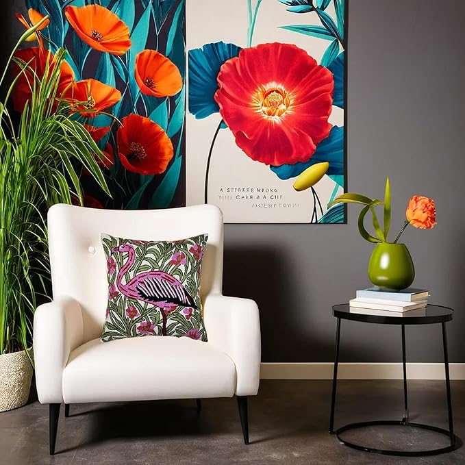 William Morris Flamingo Floral Pillow Cover - Hand Embroidered Modern Flower Pillowcase, Outdoor Cushion, Suzani Farmhouse Chair Throw, Couch Cushions - Wool, Size 18x18