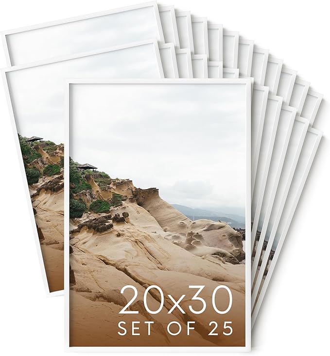 HAUS AND HUES 20x30 White Metal Picture Frames - Features Premium Aluminum, Vertical & Horizontal Hang, Shatterproof Plexiglass - Perfect for Home, Room, Office (20x30 in, White, Set of 25)