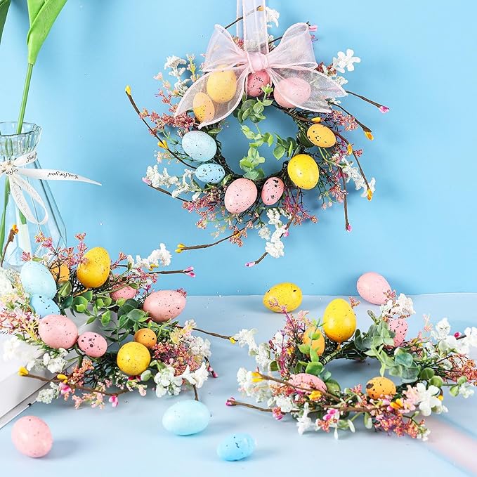 6 Pcs Easter Egg Candle Rings Wreaths Mini Artificial Spring Easter Egg Berry Wreath for Front Door Hanging Kitchen Cabinet Wreath with Ribbon for Porch Wall Window Farmhouse Decor