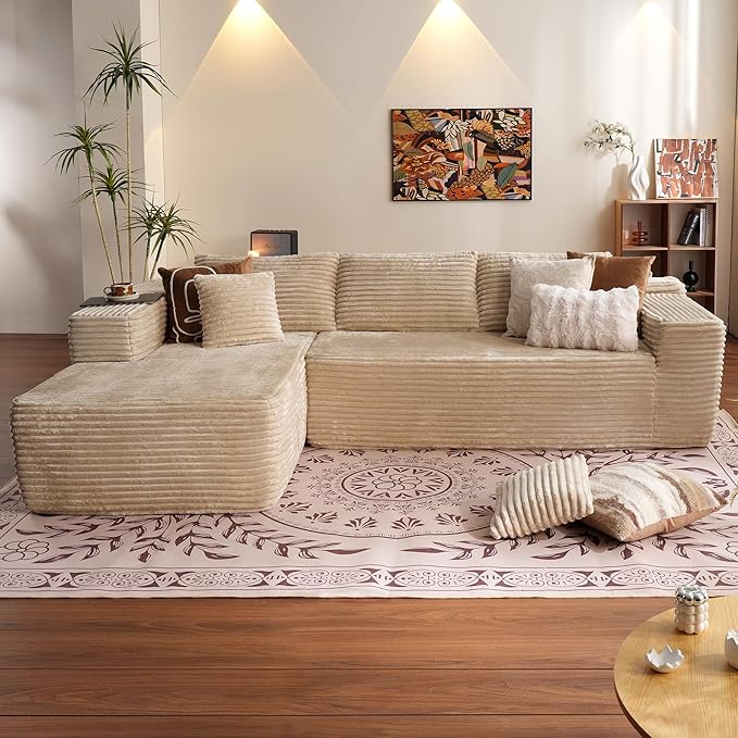 ovios 104" Cloud Sectional Couch with L-Shape Chaise,Modern Modular Sofa with Deep Seat, Upholstered Couches for Living Room Bedroom,No Assembly Required, Beige (Plush Corduroy Fabric)