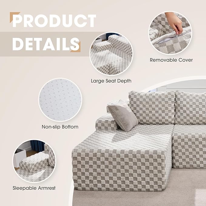 Hobestluk 96“ Modular Sectional Sofa Couches L-Shape Couch 3 Seat Modular Sofa Sectional Couches for Living Room, Cloud Couch with Oversized Chaise (Greygreen, Checked (Left Facing Chaise))