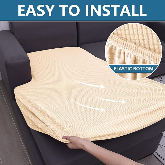 hyha Waterproof Sectional Couch Covers, Non Slip Sofa Couch Cushion Covers L Shape, Thick Stretch Jacquard Fabric, Washable Sofa Slipcovers with Elastic Bottom (1 Piece for Chaise, Beige)