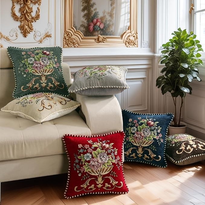 Set of 2 Spring Chenille Vintage Green Throw Pillows Covers 18x18in Sofa Couch Pillows for Living Room Floral Embroidered Cushion Cover for Bed Chairs Car