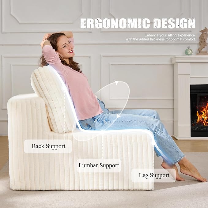 Single Sofa 1 Seat Couch with Deep Seat Memory Foam Cloud Chair with Pillows Large Sofa with L Shape for Living Room Bedroom (Strip White, Single)