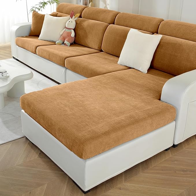 Sectional Couch Covers for L Shaped Sectional Sofa (Left or Right Facing) – Softer Chenille Sofa Covers Washable, Non-Slip Stretch Chaise Slipcover (Only 1PC Chaise Cushion Cover, Khaki)