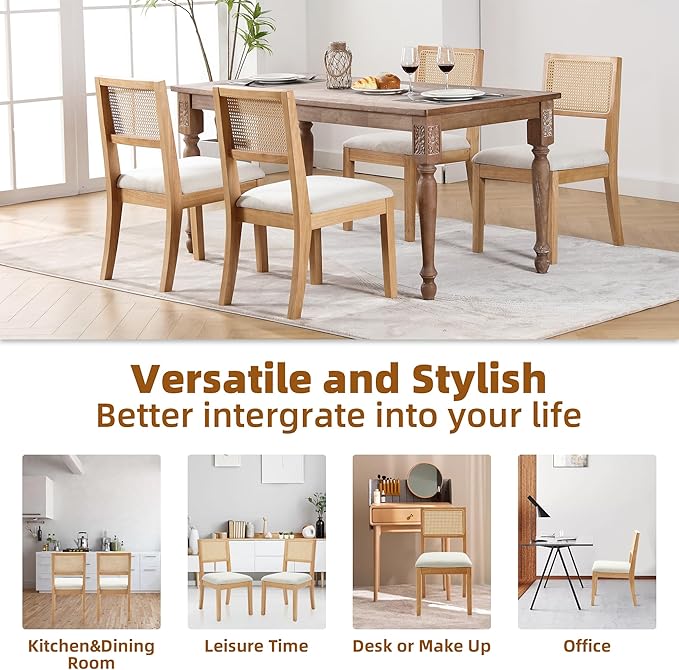 Westice Rattan Dining Chairs Set of 2, Farmhouse Natural Dining Room Chairs with Upholstered Cushion, Wood Armless Chairs for Kitchen/Restaurant