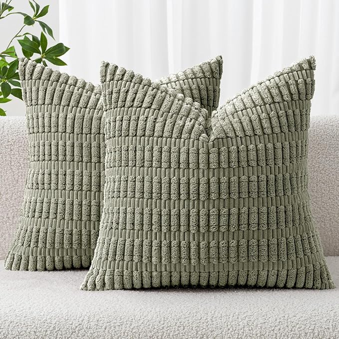 MIULEE Pack of 2 Corduroy Decorative Throw Pillow Covers 16x16 Inch Soft Boho Striped Pillow Covers Modern Farmhouse Home Decor for Summer Sofa Living Room Couch Bed Light Olive Green