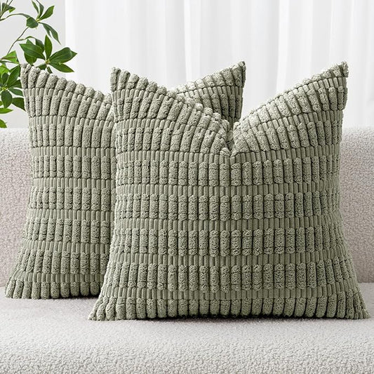 MIULEE Pack of 2 Corduroy Decorative Throw Pillow Covers 20x20 Inch Soft Boho Striped Pillow Covers Modern Farmhouse Home Decor for Summer Sofa Living Room Couch Bed Light Olive Green