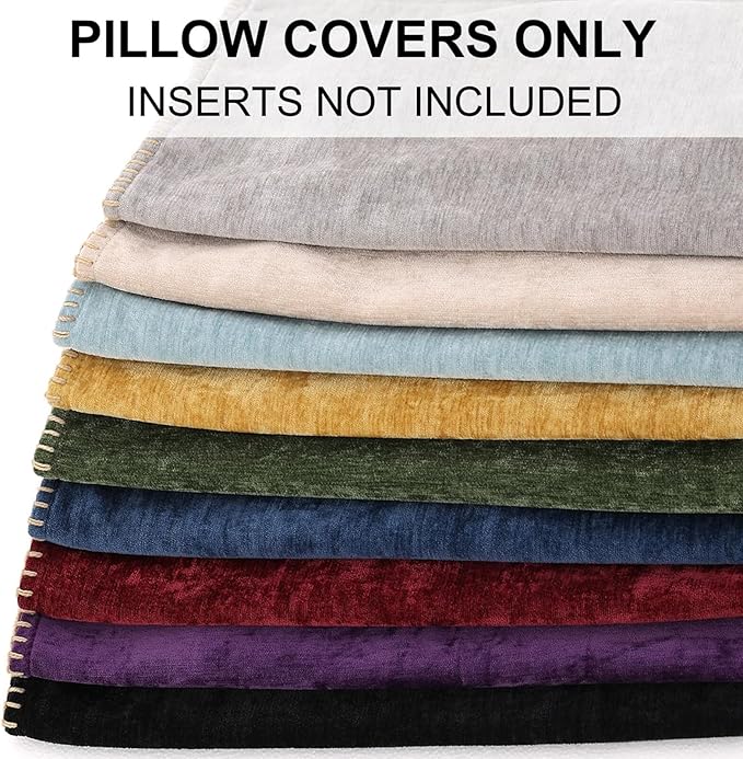 decorUhome Chenille Soft Throw Pillow Covers 18x18 Set of 2, Farmhouse Velvet Neutral Decorative Euro Pillow Covers with Stitched Edge for Couch Sofa Bed Home Decor, Beige