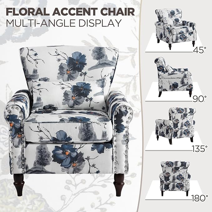 Wingback Accent Chair with Removable Pillow, High Back Floral Armchair with Solid Wood Legs & Nailhead Trim, Comfy Upholstered Reading Single Sofa Chair for Bedroom (2, Ink Blue Pattern)