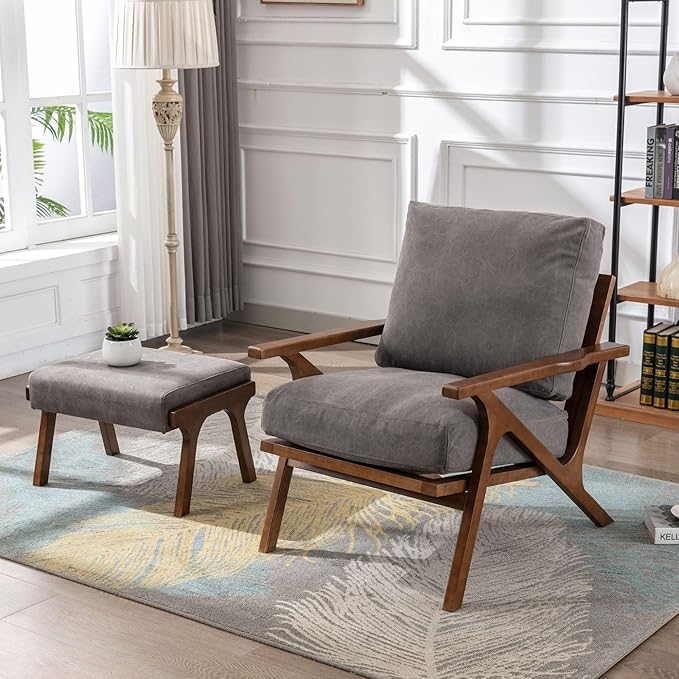 Wahson Mid Century Arm Chair and Ottoman Set, Upholstered Accent Armchair with Wood Frame and Canvas Cushions, Leisure Slipper Chair for Living Room/Bedroom, Grey