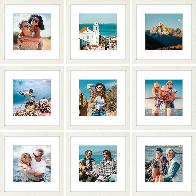 Vittanly 12x12 Picture Frames Set of 9, Shatter Resistant Plexiglass, Display 8x8 Pictures with Mat or 12x12 without Mat, Photo Frames for Wall Mount, Engineered Wood, Whitemist