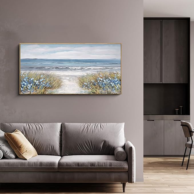 XLSJERST Framed Wall Art for Bedroom Decor - Farmhouse Boho Beach Coastal Vintage Floral Ocean Wall Picture Daisy Flowers Sea Canvas Print Nautical Neutral Seascape Artwork for Home Living Room