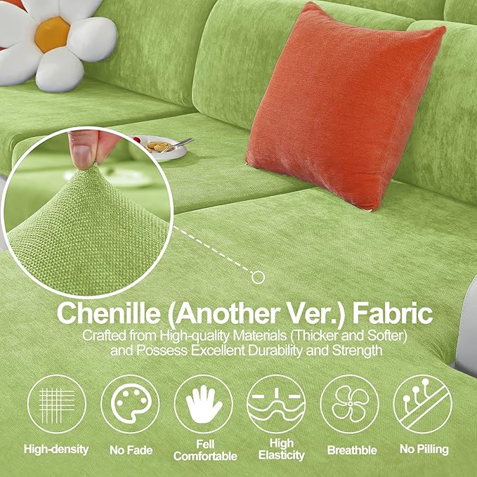 Couch Cushion Covers Individual Large Super Stretch Chenille (Softer Version) Sofa Cushion Covers, Couch Seat Covers Couch Slipcovers Furniture Protector (3PC, Green)