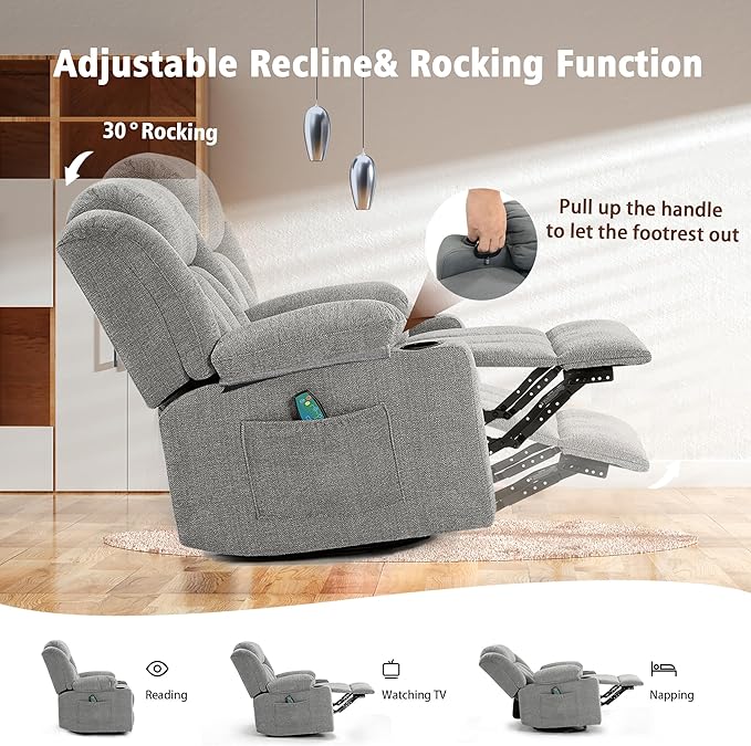Rocker Swivel Recliner Chair for Adults, Overstuffed Large Manual Recliner Glider with Massage and Heat, Comfy Soft Fabric Living Room Reclining Sofa Chair(Lime Gray)