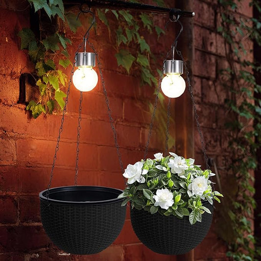 Hanging Baskets for Plants Outdoor - 2 Pack Black Plastic Solar Flower Pots with Drainage Holes & Removable Saucer, Self-Watering Hanging Planters for Garden, Porch, Balcony, Patio