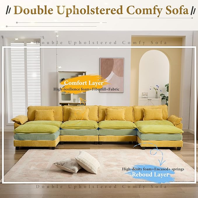 URRED Modular Sectional Sofa Comfy Cloud Couch, Modern Chenille Sofa Sleeper Deep Seat Couches with Ottoman/Pillows for Living Room (Yellow, 154'' - U Shape)