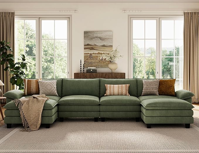 LINSY HOME Modular Sectional Sofa - 157'' Oversized Corduroy Cloud Couch U Shaped Couch with Movable Ottoman Soft Modern Comfy Sofa for Living Room Apartment Office, Green