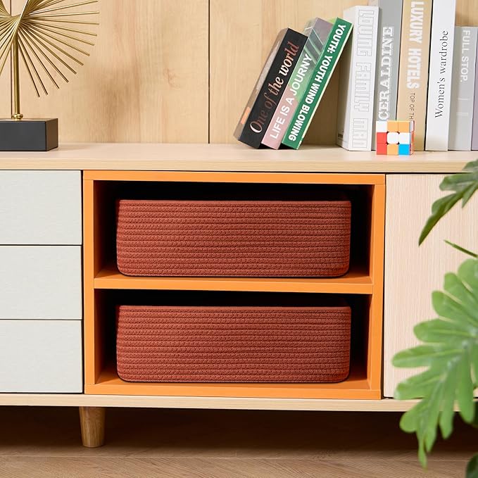 Large Shallow Organizing Baskets 15x11x5.1 Inches - Rope Woven Storage Bins for Bathroom, Shelves, Cube Closet, Red 2 Packs