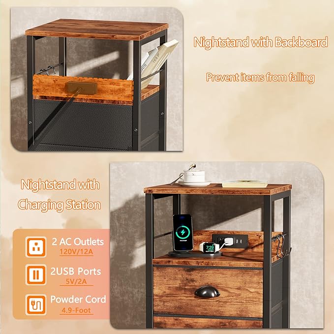 Furologee End Table with Charging Station, Nightstand with Fabric Drawers, Side Table with USB Ports & Outlets, Night Stand with Storage Shelf & Hooks, for Living Room/Bedroom, Rustic Brown