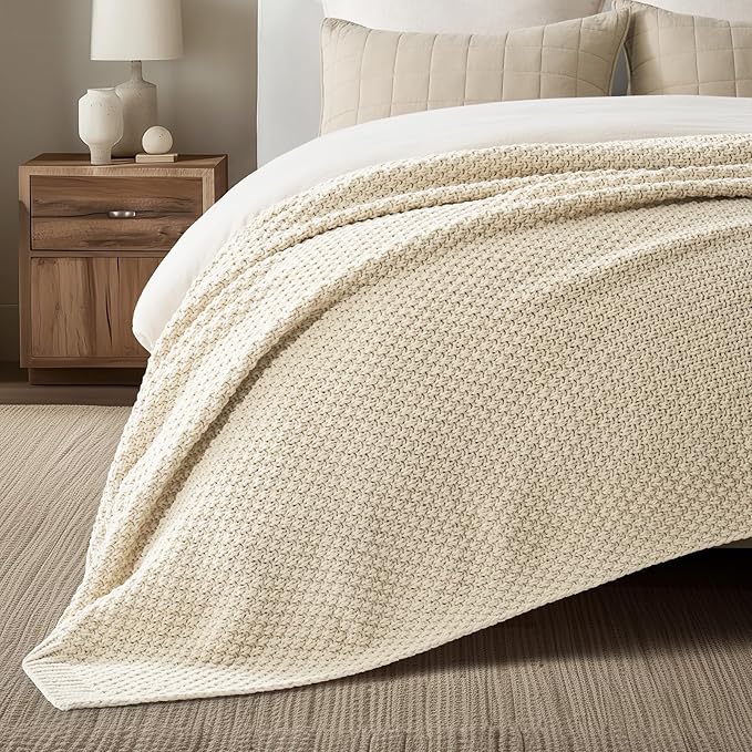 EVERGRACEHOME Chunky Chenille Knit Throw Blanket for Couch, Soft Luxurious Oversized Queen Moss Stitch Blanket for Bed, Large Cozy Farmhouse Knitted Throw for Sofa, Beige, 90" x 90"
