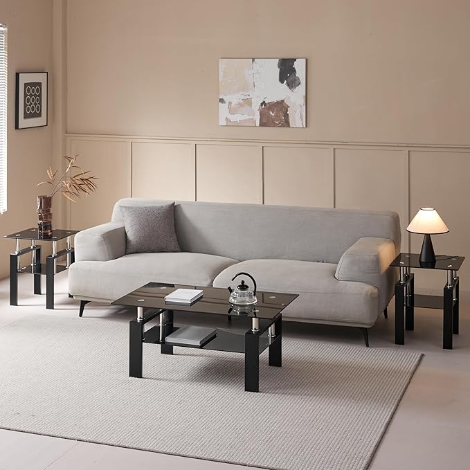 Black Glass Coffee Table for Living Room, Mordern Rectangle Tempered Glass Sofa Center Tables with Black Metal Leg for Home Office