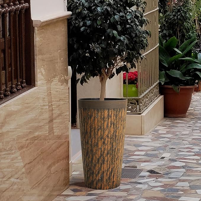 Worth Garden 22.5" H. Plastic Planters - Set of 2 Vintage Brown Tall Conical Plant Pots for Indoor Outdoor Use - Decorative Lightweight Flower Pots for Front Porch, Patio, Deck - 12.5" Dia x 22.5" H