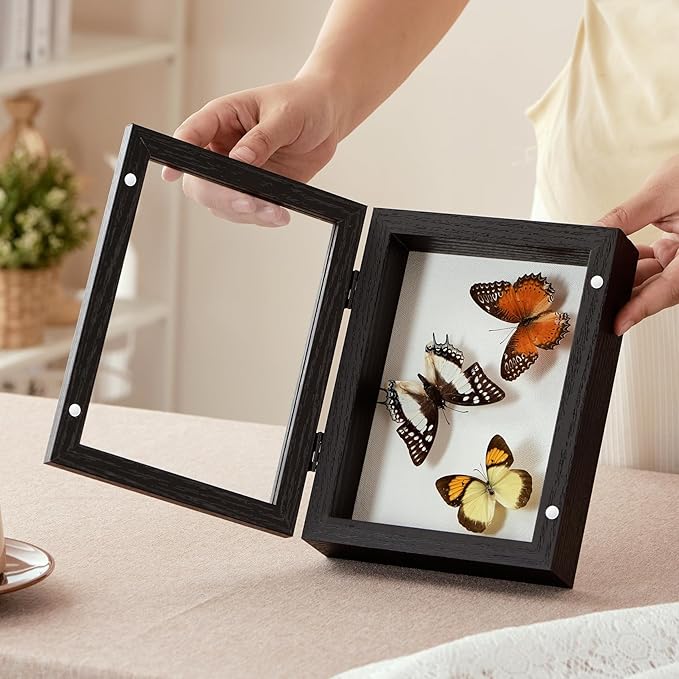 5x7 Deep Shadow Box Picture Frame Display Case with Linen Back and Stand,Real Glass Small Mini Black Shadow Memory Box Frame 5x7 for Insect Display Pet Photo Memorial Flower Art Craft Gift