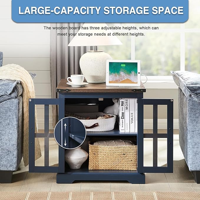 Farmhouse End Table with Charging Station,24" Large Sofa Side Table with Glass Barn Door, Rustic Wood Nightstand Bedside Table with Adjustable Storage Shelf for Living Room, Bedroom, Blue