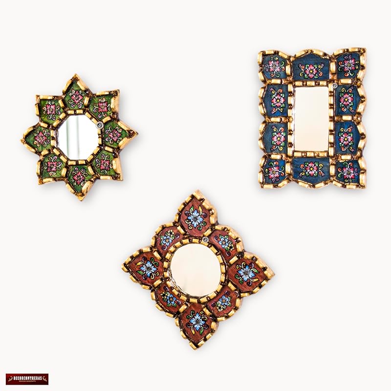 Small Decorative Wall Mirror set of 3 - Accent mirrors of 6in for wall decor, Peruvian Mirrors Vanity with bronze leaf