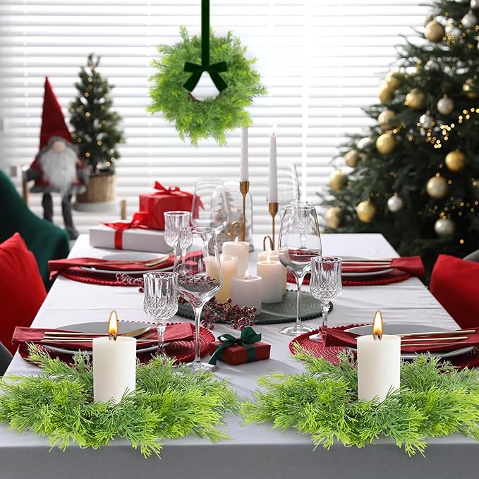6 PCS Mini Christmas Wreaths for Kitchen Cabinets Artificial Green Norfolk Cedar Wreaths with Bow for Christmas Decorations Window Door Fireplace Chairs Wall Staircase Indoor Outdoor Home Decor