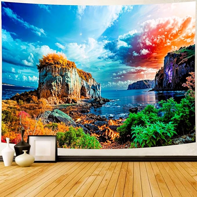Delur Coastal Ocean Beach Tapestry Tropical Forest Tree Sunrise Sea Landscape Tapestry Wall Hanging Wave Sunset Nature Colorful Spiritual Headboard for Bedroom Living Room Home Decor (51.2" x 59.1")