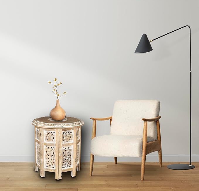 Lightnpro Hand Carved Solid Mango Wood Octagonal Accent Table - 18"×18" White Wash Farmhouse Vintage Home Décor Round End Table for Living Room, Bedroom, Entryway - Rustic Boho Side Table