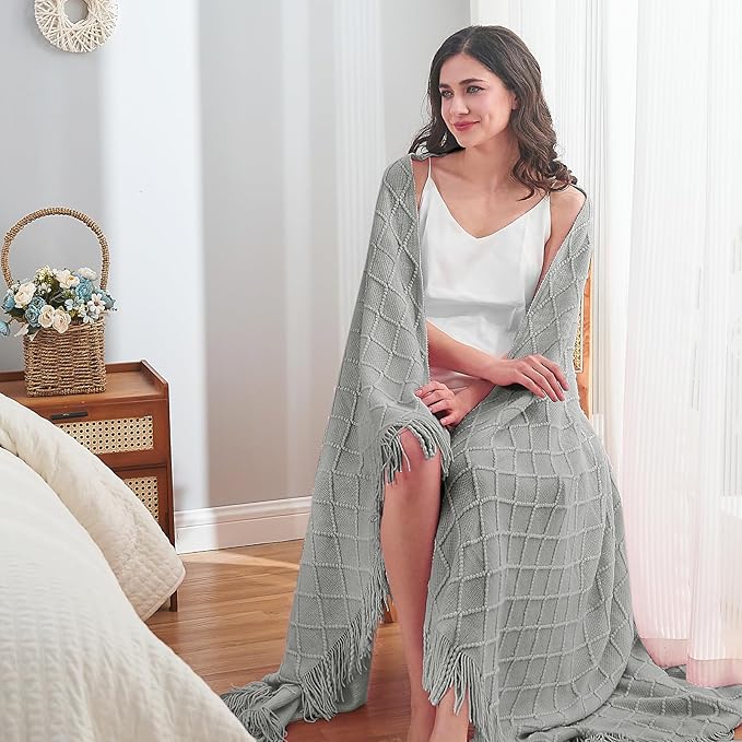inhand Knitted Throw Blankets for Couch and Bed, Soft Cozy Knit Blanket with Tassel, Light Grey Lightweight Decorative Blankets and Throws, Farmhouse Warm Woven Blanket for Men and Women, 60"x80"