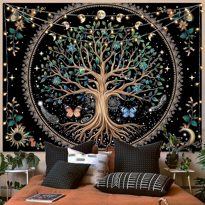 Lunerfex Tree of Life Tapastry Sun and Moon Tapastry Flower Boho Tree Mandala Wall Hanging for Bedroom and Living Room Decor Green Tree 60×80 Inches