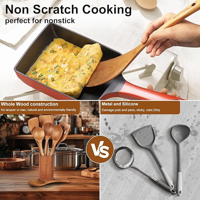 Wooden Spoons - Wooden Spoons for Cooking,Natural Wooden Kitchen Utensils Set Non Toxic,6-Piece Wooden Cooking Utensils(A06)