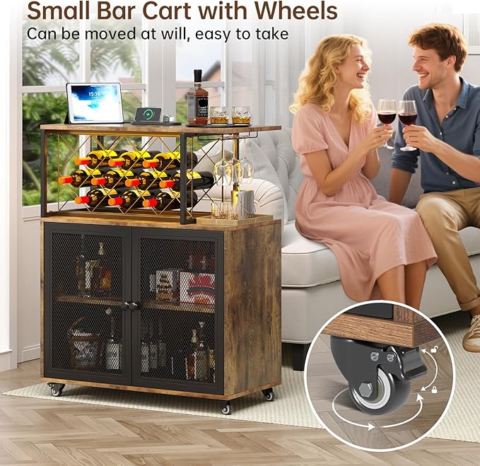 Wine Bar Cabinet with Wheels, 4-Tier Bar Cart with Power Outlets and LED Light, Liquor Cabinet Home Mini Bar with Wine Rack, Coffee Bar Cabinet for Liquor, Rustic Brown