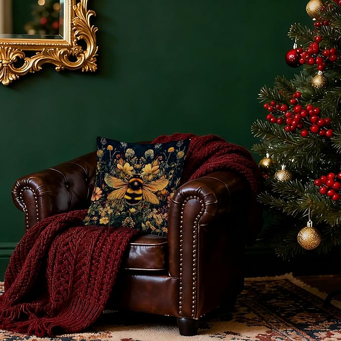 Vintage Moody Floral Bumblebee Pillow Covers 18x18, Moody Dark Cottagecore Botanical Wildflower Bee Decorative Throw Pillow Covers for Home Bedroom Living Room, Bee Decorations for Home