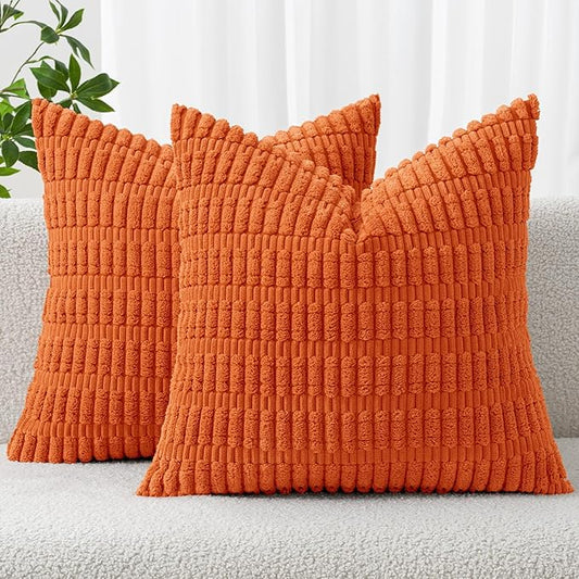 MIULEE Pack of 2 Orange Corduroy Decorative Euro Sham Fall Pillow Covers 26x26 Inch Soft Boho Striped Throw Pillow Covers Modern Farmhouse Home Decor for Summer Sofa Living Room Couch Bed