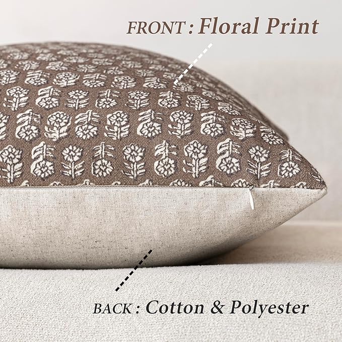 Foindtower Set of 2 Decorative Neutral Floral Print Throw Pillow Covers Vintage Accent Farmhouse Cushion Covers Boho Home Decor for Sofa Couch Chair Bedroom Living Room,24×24 Inch,Brown