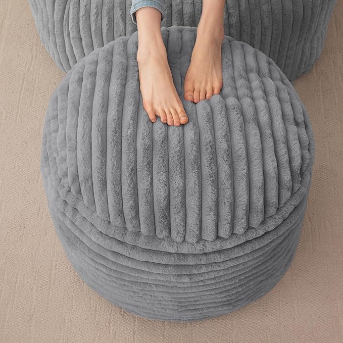 HIGOGOGO Round Stuffed Pouf Ottoman, Stripe Faux Fur Poufs with Foam Chunk Filling, Furry and Fluffy Pouf Foot Stool Storage Ottoman, 26 X 18 Floor Poufs Foot Rest for Living Room, Grey