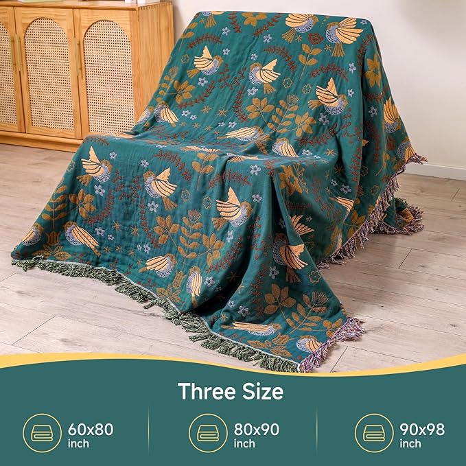 Bed Blankets Versatile Fall Throw Blanket,Boho Blanket & Organic Cotton Throw Blanket,Perfect for Beds,Couches,Chairs,& Vintage Décor,Featuring Unique Bird & Flower Patterns