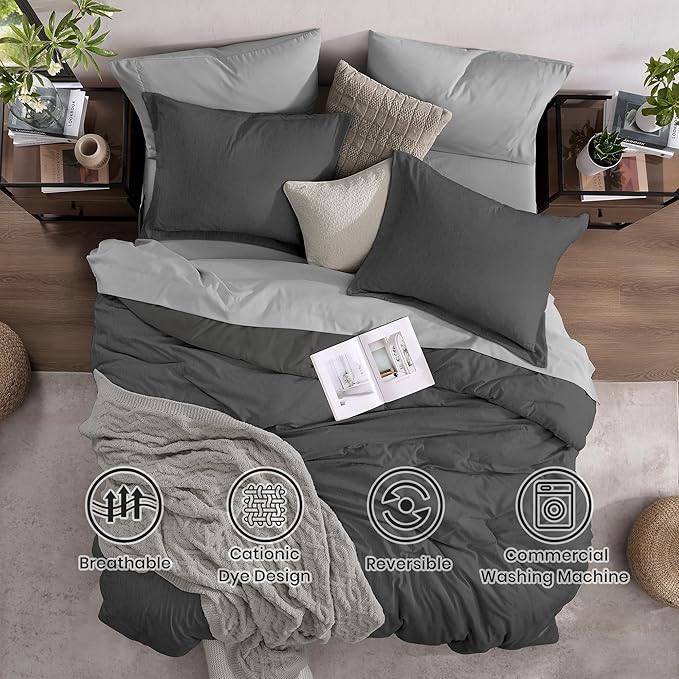 Monbix Queen Comforter Set - 7 Pieces Cationic Dyeing Dark Grey Bed in a Bag Queen Bedding Sets with Comforter, Sheets, Pillowcases & Shams, Reversible Bedding Comforters Sets