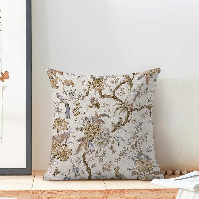 CXMEIFLY Spring Floral Birds Pillow Covers 20 x 20 Inch Set of 2 for Chinoiserie Flowers Decor Throw Pillows Brown and White Plant Outdoor Decorative Cushion Cases for Couch Bed Decorations