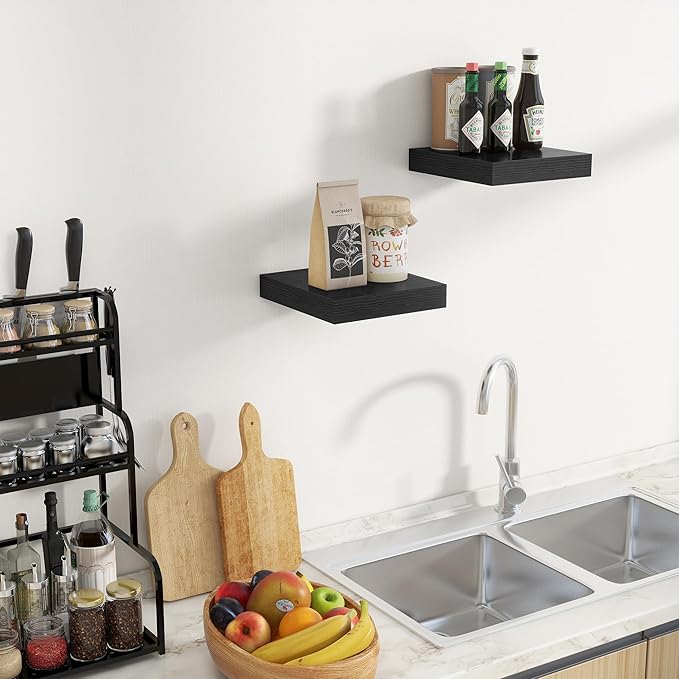 Fun Memories Floating Shelves for Wall 10 Inch, 10 Inch Deep Square Wall Shelves, Bathroom Storage Shelves Over Toilet, Wood Floating Shelves for Living Room Bedroom, Black, Set of 2