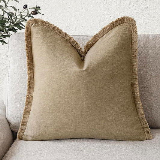 Foindtower Decorative Linen Fringe Throw Pillow Covers Boho Farmhouse Cushion Cover with Tassels Soft Accent Pillowcase for Chair Sofa Bed Living Room Home Decor, 16×16 Inch, 1PC,Light Khaki Taupe