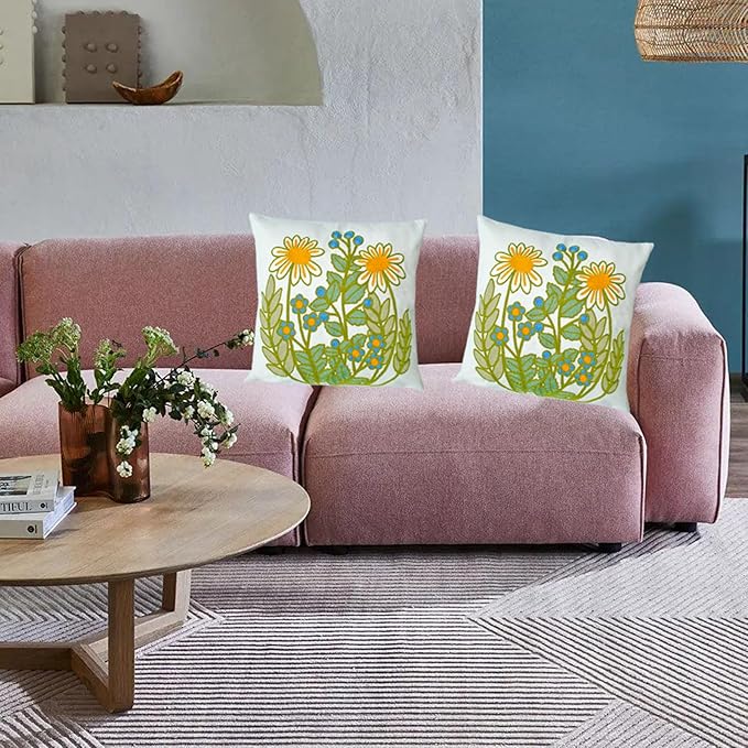 Embroidered Decorative Throw Pillow Cover, 18"x18" Set of 2, Farmhouse Pillowcase Daisy Knit Pattern Cotton Canvas Cushion Case Square Floral Pillow Case for Sofa Couch Bed Living Room…