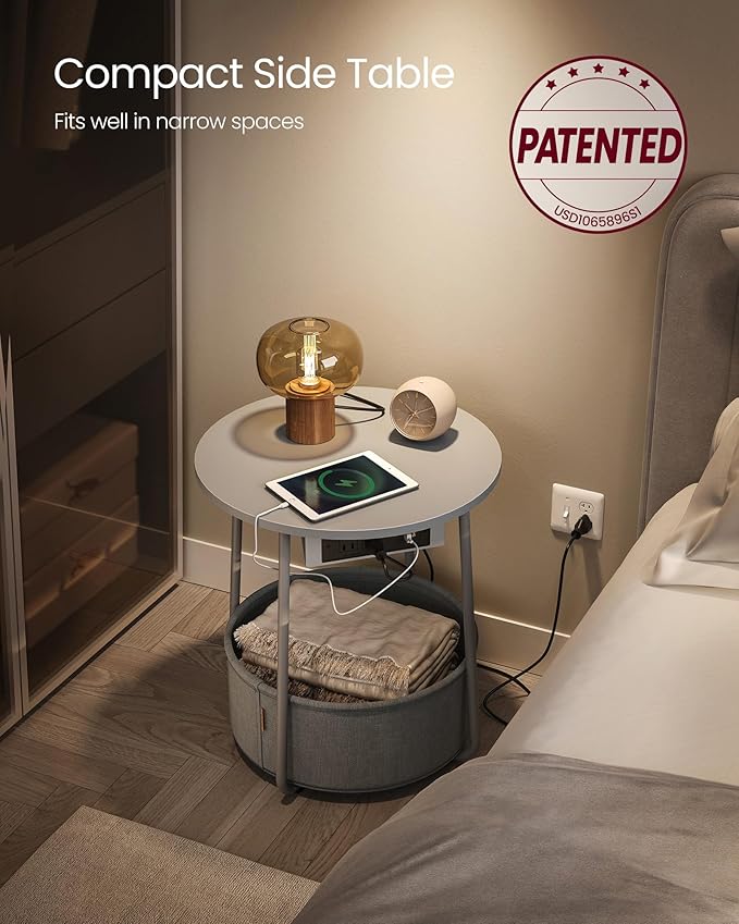 VASAGLE Side Table with Charging Station, Round End Table with Fabric Basket, Nightstand with Power Outlets, USB Ports, for Living Room, Bedroom, Modern, Dove Gray and Slate Gray ULET228G01