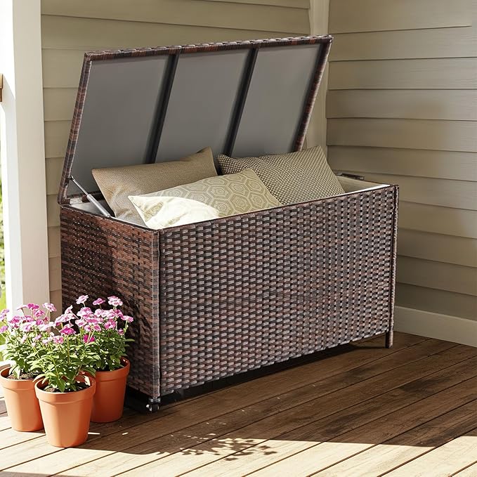 HOMREST Large Deck Box, Outdoor Wicker Storage Container with 70 Gallon, Patio Rattan Furniture for Garden Tools, Pillows, Pool, Brown