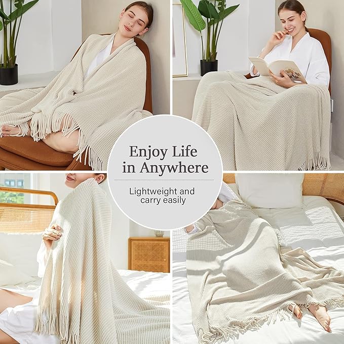 Blagic Knitted Throw Blanket for Couch Soft Farmhouse Boho Throw Blanket with Tassels Home Decorative Lightweight Throw Blankets,Cream White Throws for Bed/Chair/Sofa, Stripe Textured, 60" W x 80" L